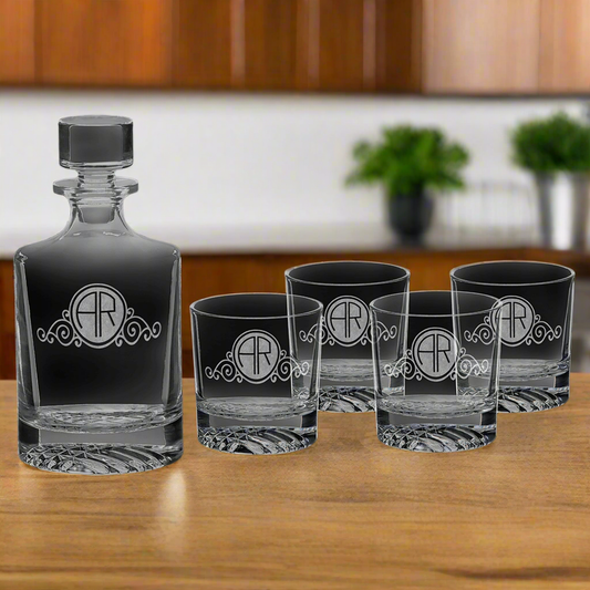 Customized - 850ml Round Glass Decanter Set with Four 9 oz. Glasses and Printed Gift Box